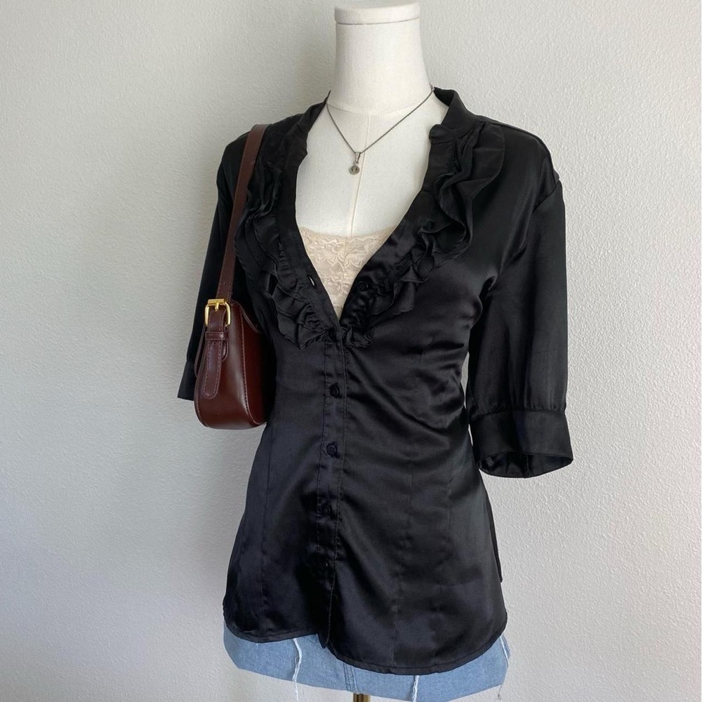 Vintage Y2K Apt. 9 Black Satin Half Sleeve Ruffle Button Up Blouse